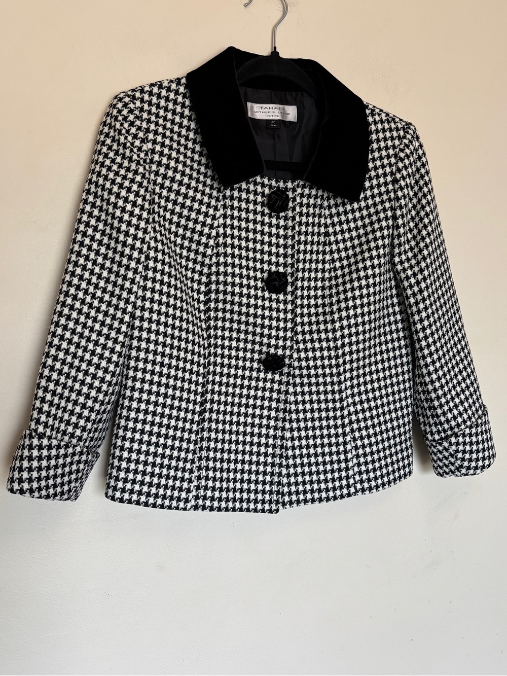 Vtg Tahari Arthur S. Levine Blazer Jacket Sz 4P Velvet Collar Houndstooth Preppy
